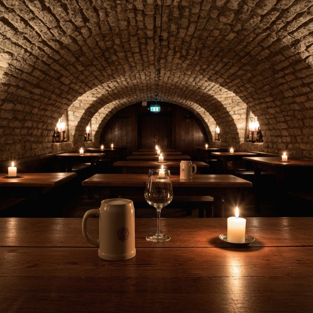 Traditionelles deutsches Kellergewölbe mit Kerzen und Biergläsern